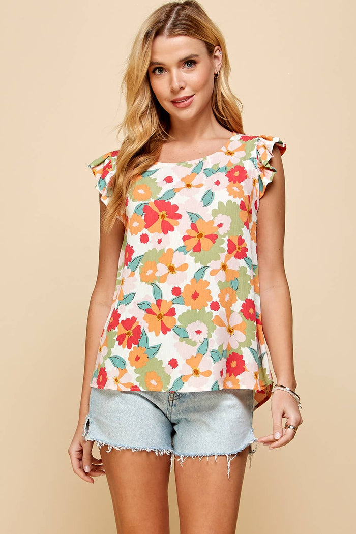 Floral Sleeveless Top with Ruffled Sleeves in Ivory--Lemons and Limes Boutique