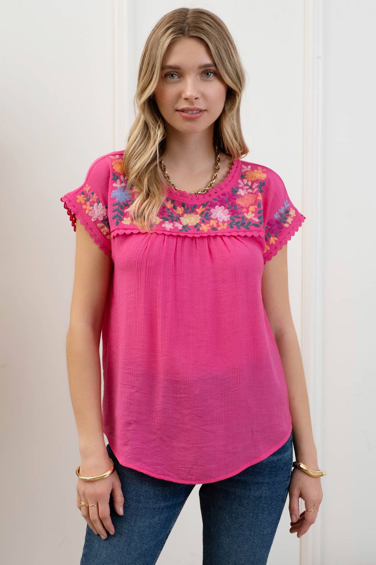 Floral Embroidery Scallop Lace Trim Blouse in Fuchsia--Lemons and Limes Boutique