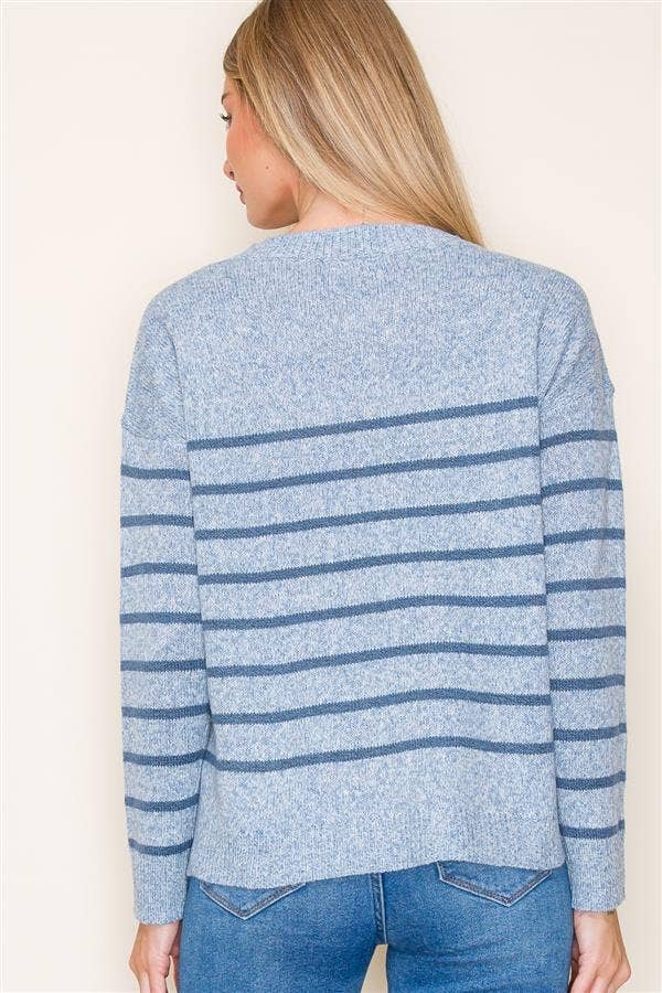 Striped Crew Neck Pullover Sweater with Side Slits in Denim--Lemons and Limes Boutique