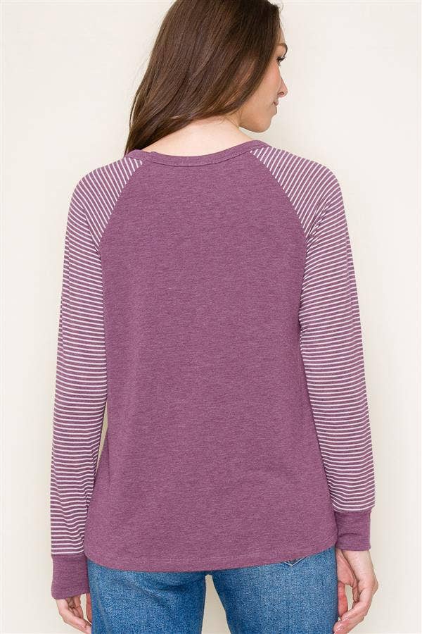 Button Detailed Stripe Blocked Long Raglan Sleeve Terry Top in Light Plum--Lemons and Limes Boutique