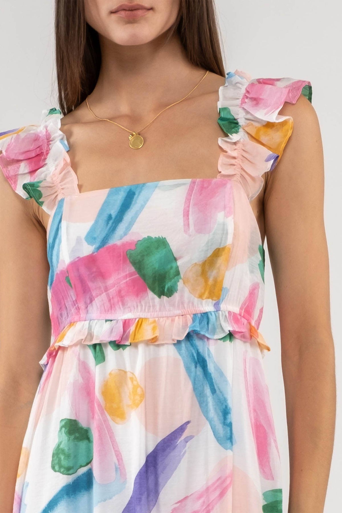 Brush Stroke Midi Dress in White Multi--Lemons and Limes Boutique