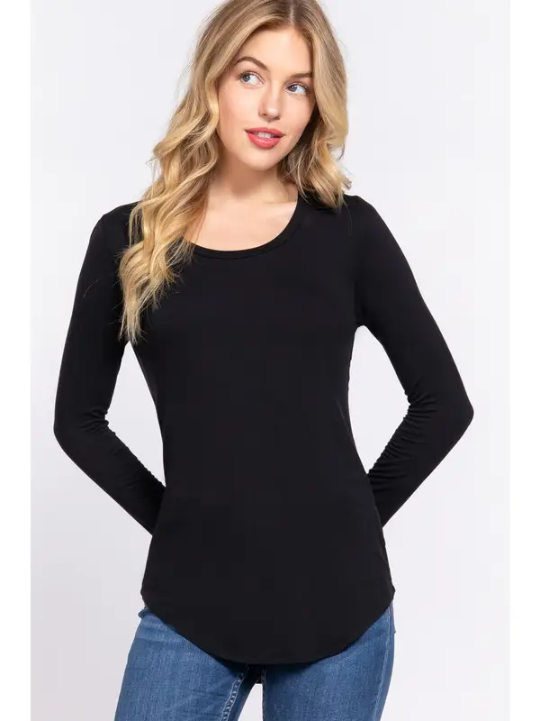 Long Sleeve Round Neck Rayon Spandex Jersey Top in Black-Lemons and Limes Boutique