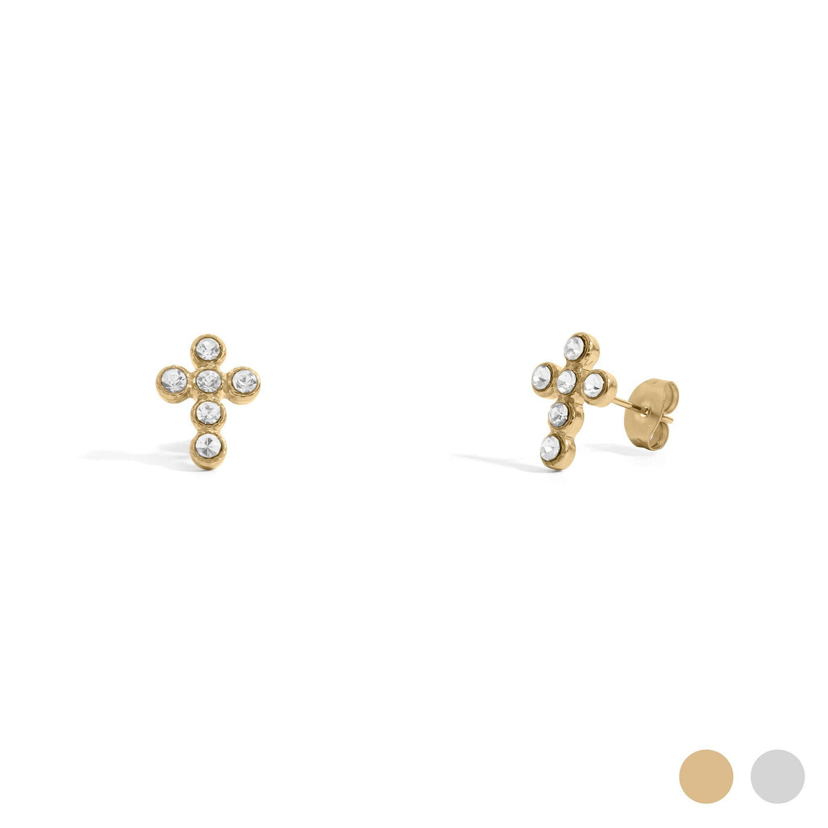 18K Gold PVD Stainless Steel Round Stone Cross Earrings-Gold-Lemons and Limes Boutique