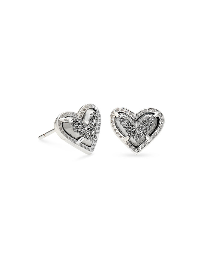 Ari Heart Stud Earrings in Rhodium Platinum Drusy by Kendra Scott-EARRINGS-Lemons and Limes Boutique