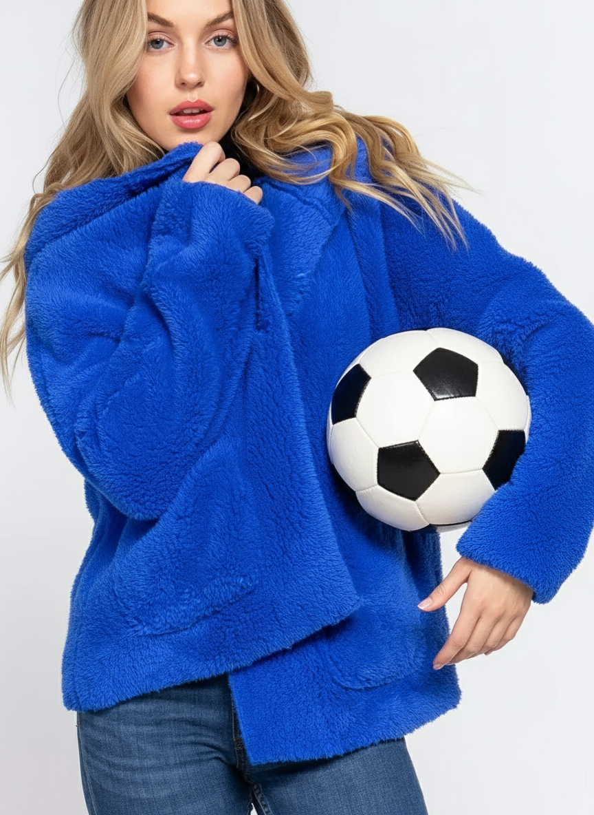 Long Dolman Sleeve Hoodie Sherpa Jacket in Royal Blue-Lemons and Limes Boutique