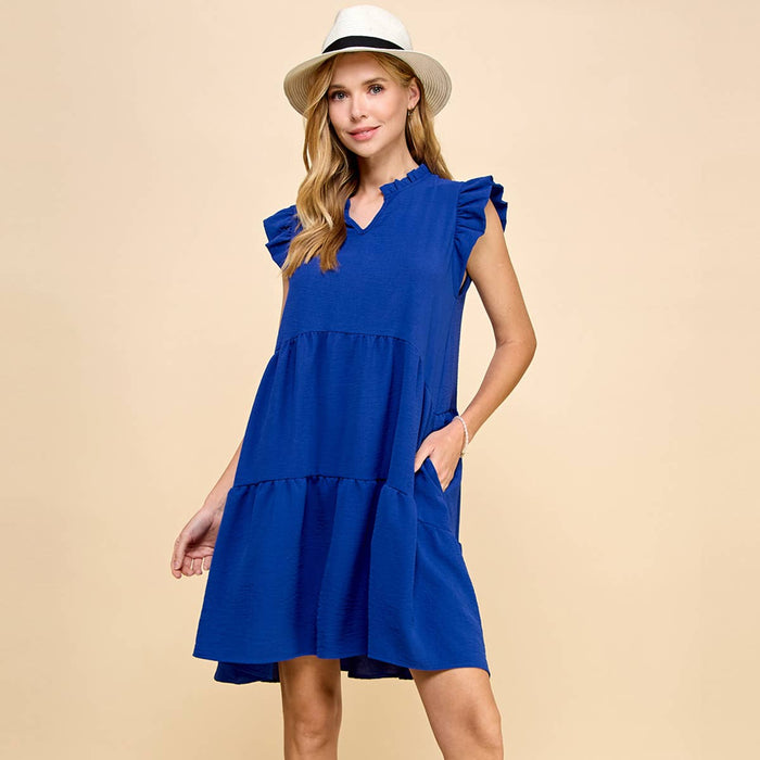 V Neck Ruffled Sleeves Solid Dress in Royal Blue--Lemons and Limes Boutique