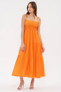 Waist Tie Shirred Tiered Midi Dress in Cantaloupe--Lemons and Limes Boutique