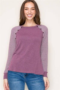 Button Detailed Stripe Blocked Long Raglan Sleeve Terry Top in Light Plum--Lemons and Limes Boutique