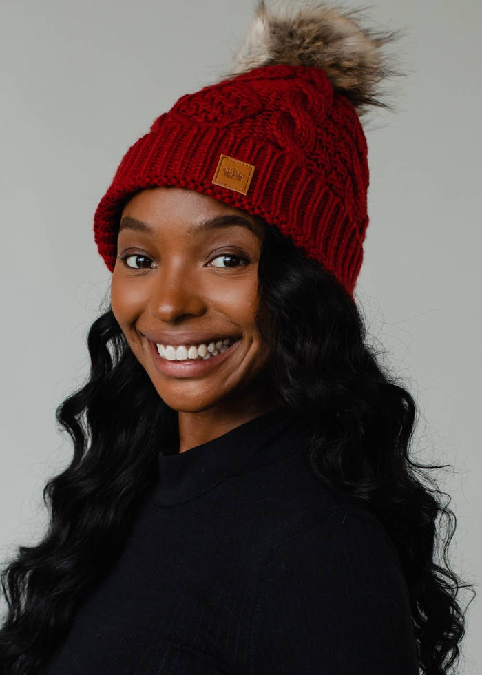 Dark Red Cable Knit Pom Hat-Lemons and Limes Boutique