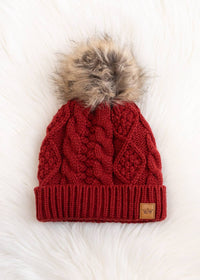 Dark Red Cable Knit Pom Hat-Lemons and Limes Boutique