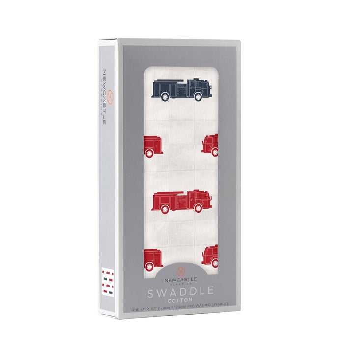 Blue and Red Fire Trucks Swaddle--Lemons and Limes Boutique