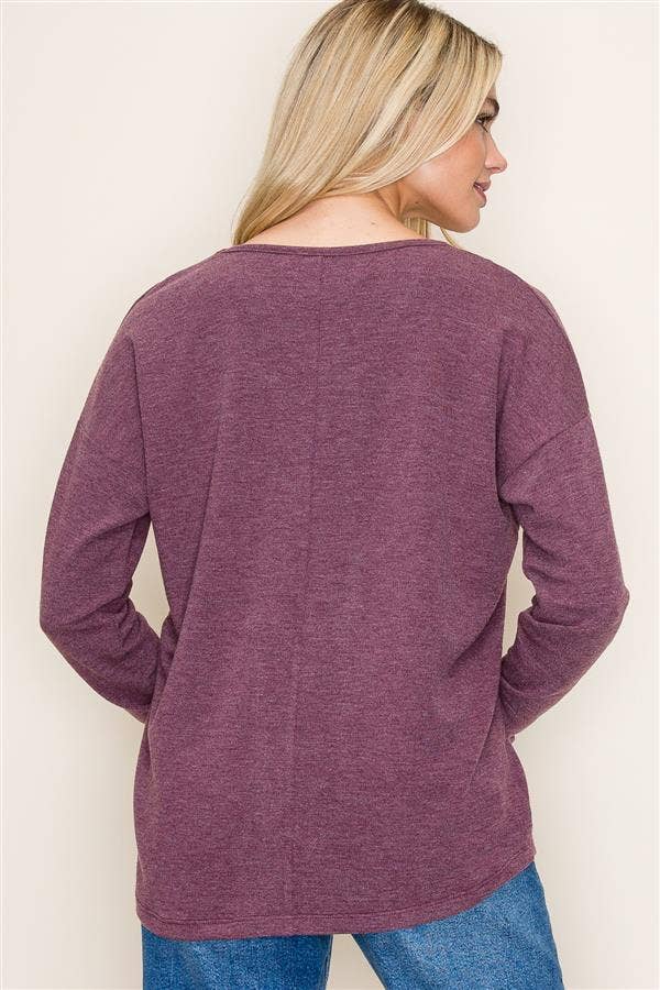 V-Neck Exposed Stitch Long Sleeve Knit Top in Plum--Lemons and Limes Boutique