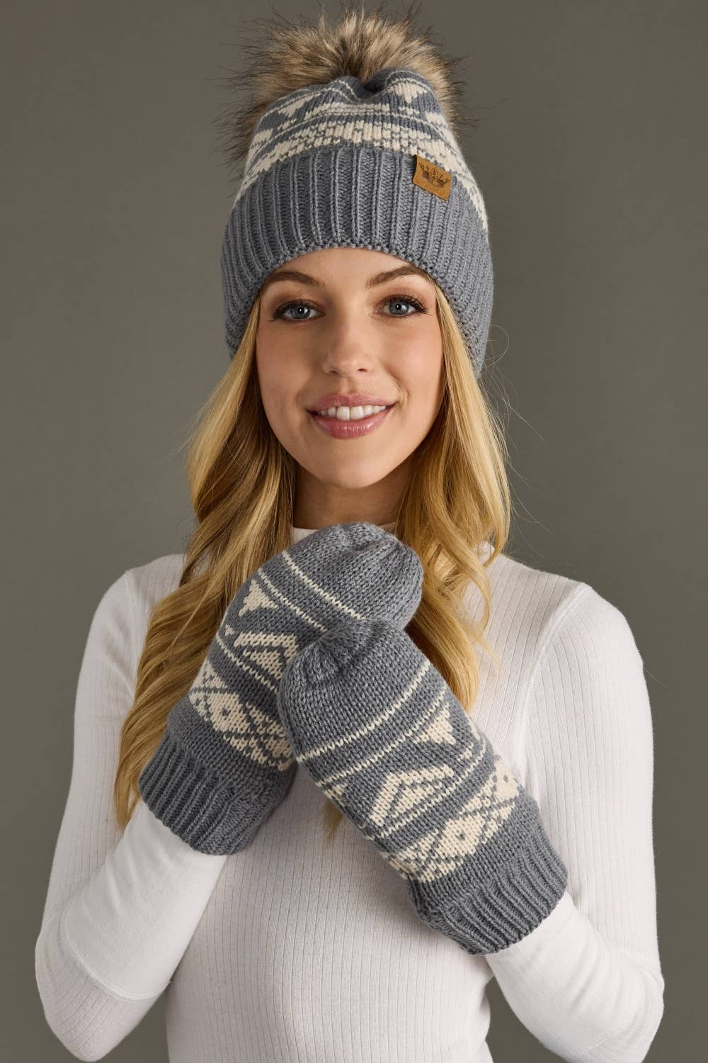 Gray & Cream Patterned Pom Hat-Lemons and Limes Boutique
