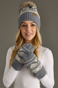 Gray & Cream Patterned Pom Hat-Lemons and Limes Boutique