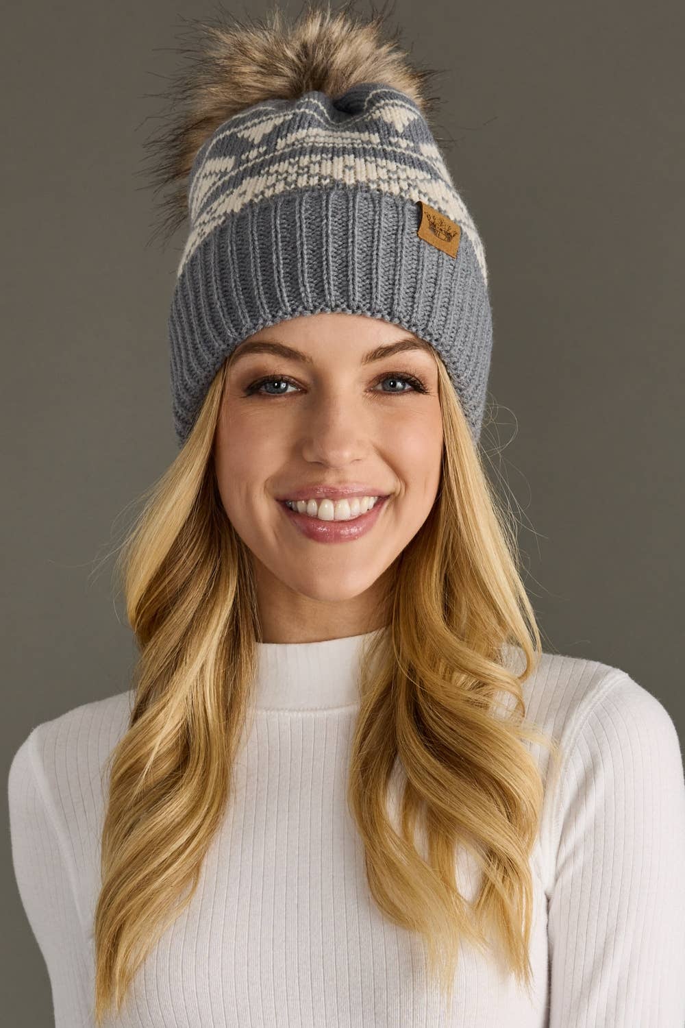 Gray & Cream Patterned Pom Hat-Lemons and Limes Boutique