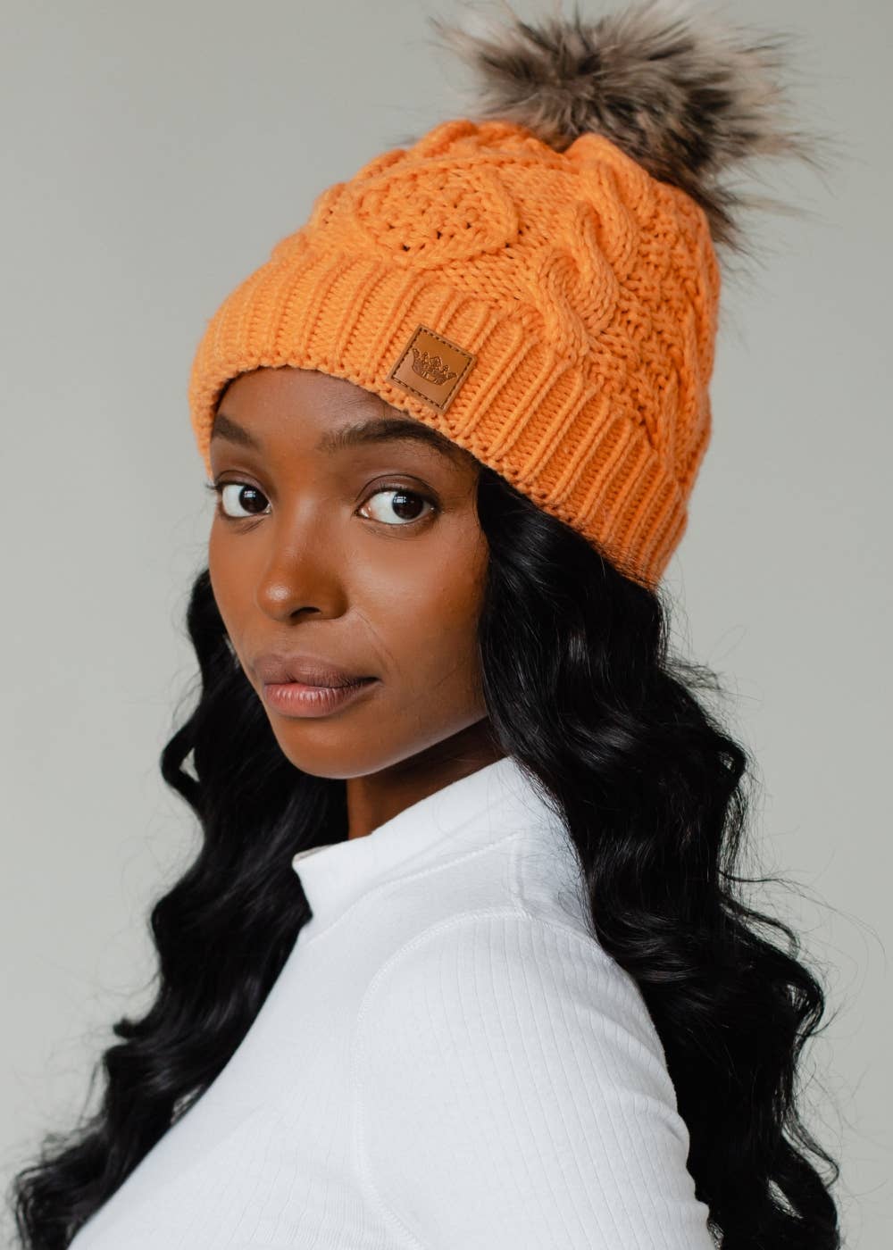 Light Orange Cable Knit Pom Hat-Lemons and Limes Boutique