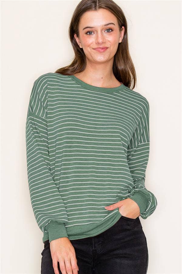 Super Soft Terry Striped Round Neck Long Sleeve Top in Hunter Green--Lemons and Limes Boutique