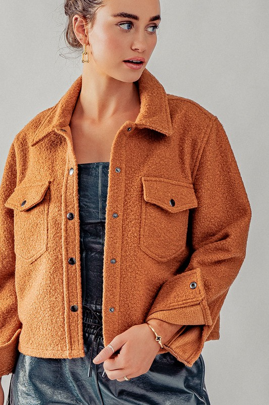 Bella Snap Button Semi Crop Teddy Jacket in Burnt Orange--Lemons and Limes Boutique