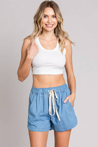 Women's Washed Denim Draw String Waist Shorts in Denim--Lemons and Limes Boutique