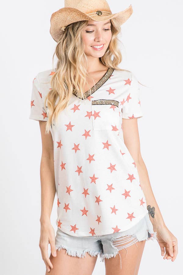 Star Print V Neck Top in Ivory/Red--Lemons and Limes Boutique