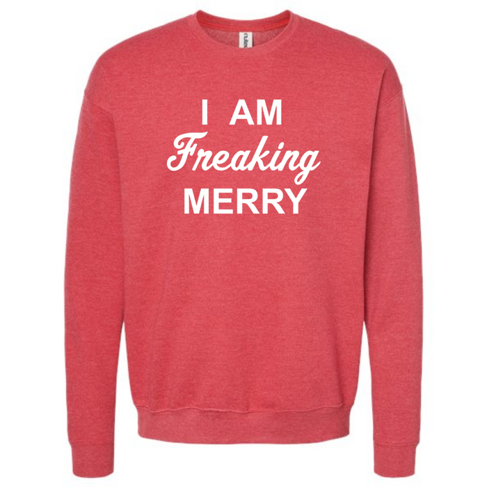 I Am Freaking Merry White Sweatshirt on Heather Red Crewneck--Lemons and Limes Boutique