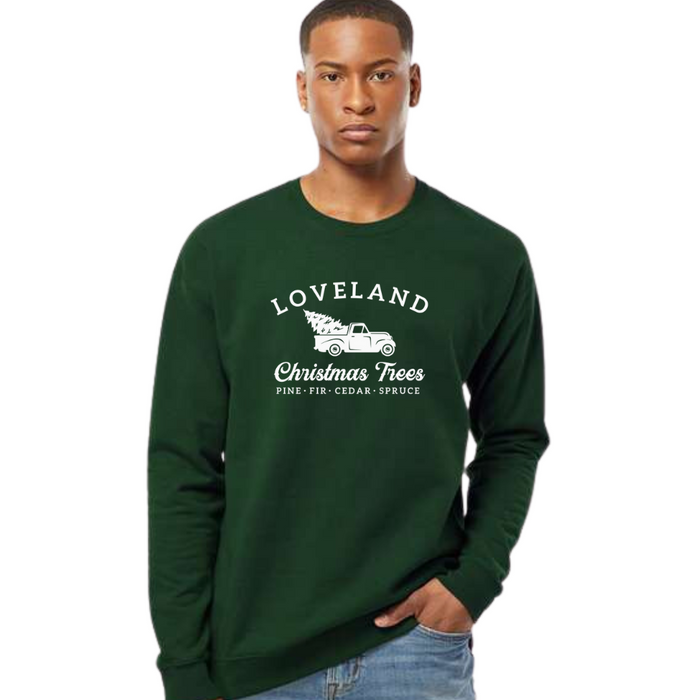 Loveland Christmas Trees Sweatshirt on Forest Green-Lemons and Limes Boutique