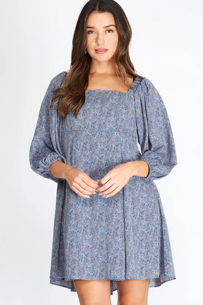 Woven Print Dress in Dusty Blue-Lemons and Limes Boutique