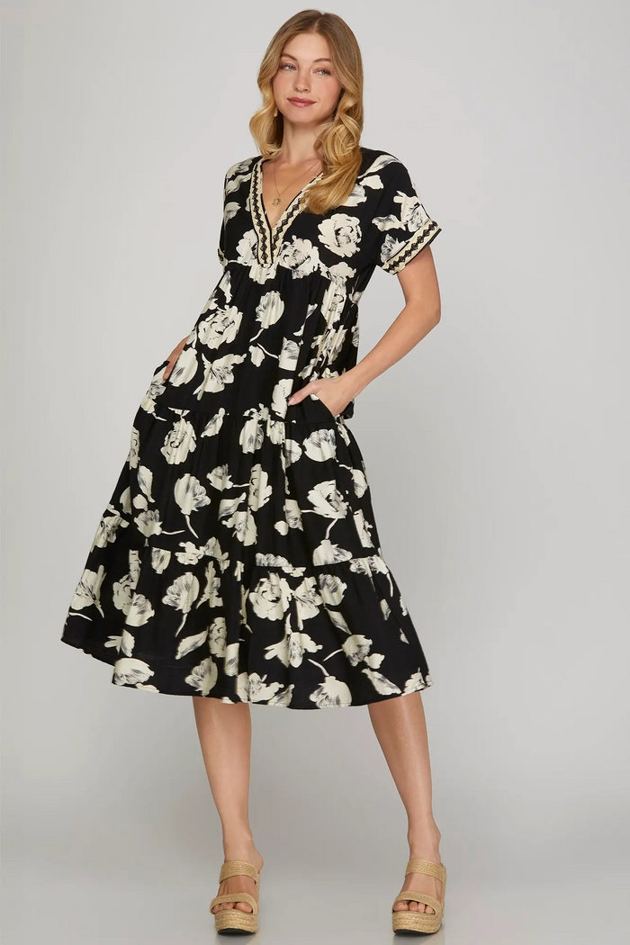 Drop Shouldered Tiered Midi Dress in Black-Lemons and Limes Boutique