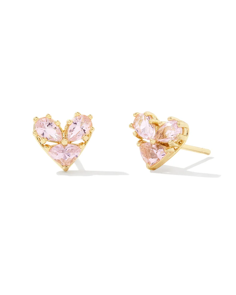 Katy Gold Heart Stud Earrings in Pink Glass-Lemons and Limes Boutique
