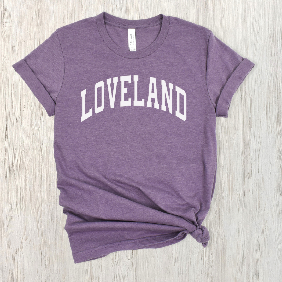 Loveland Curved Block Classic Tee on Purple-Lemons and Limes Boutique