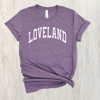 Loveland Curved Block Classic Tee on Purple-Lemons and Limes Boutique