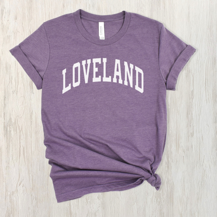 Loveland Curved Block Classic Tee on Purple-Lemons and Limes Boutique