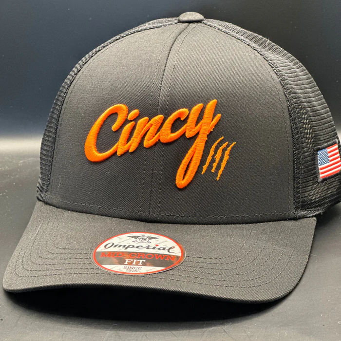Mid-Crown Dark Grey Mesh Back Hat and Orange Cincy by The Cincy Hat-Lemons and Limes Boutique