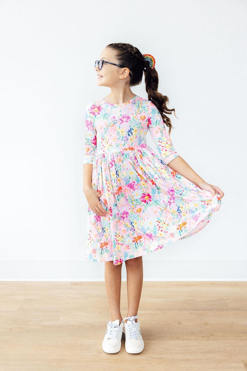 Field of Flowers 3/4 Sleeve Pocket Twirl Dress-Twirl Pocket Dress 3/4-Lemons and Limes Boutique