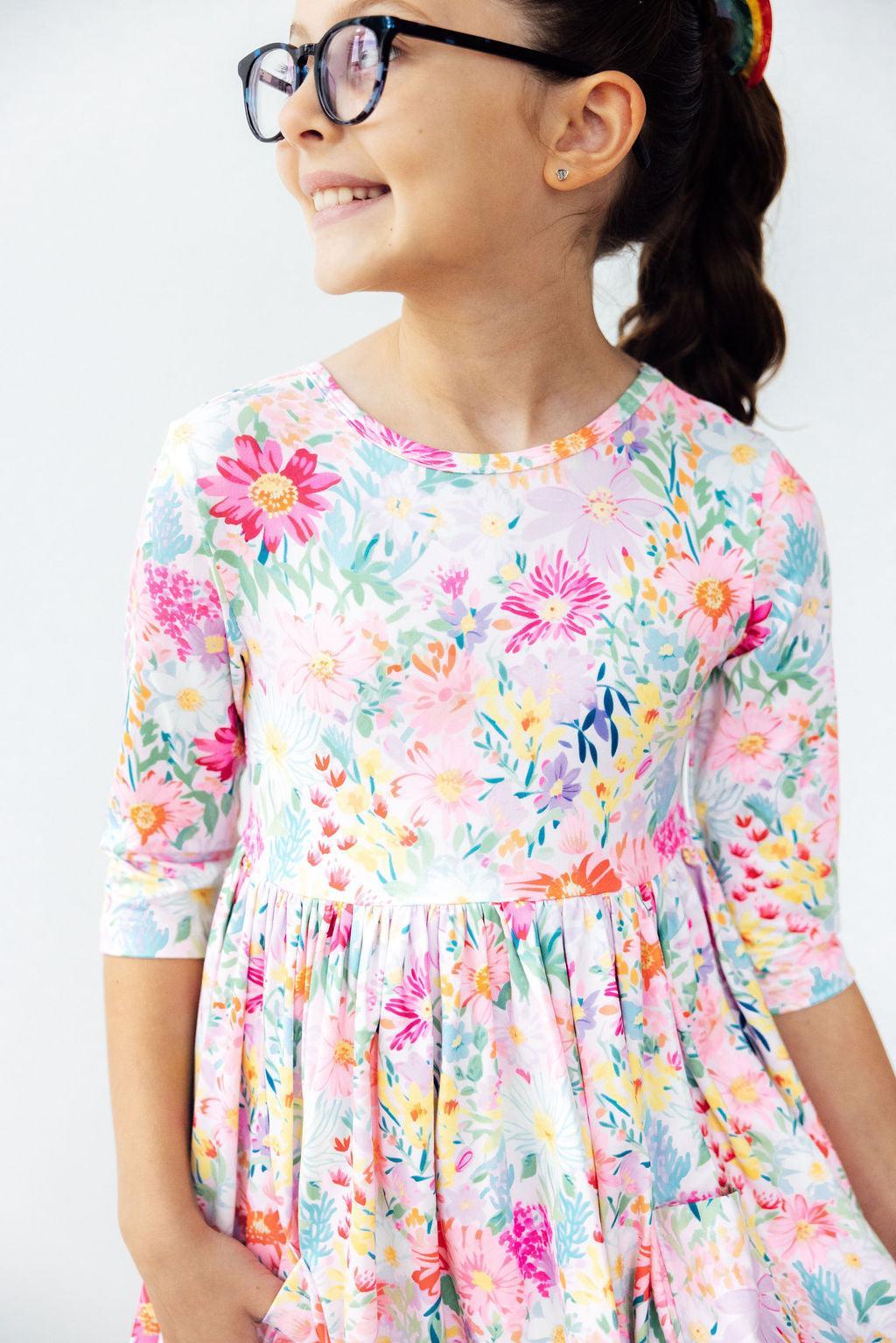 Field of Flowers 3/4 Sleeve Pocket Twirl Dress-Twirl Pocket Dress 3/4-Lemons and Limes Boutique