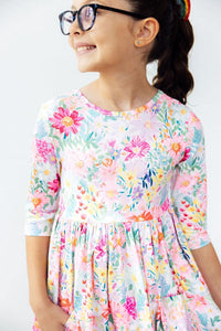 Field of Flowers 3/4 Sleeve Pocket Twirl Dress-Twirl Pocket Dress 3/4-Lemons and Limes Boutique
