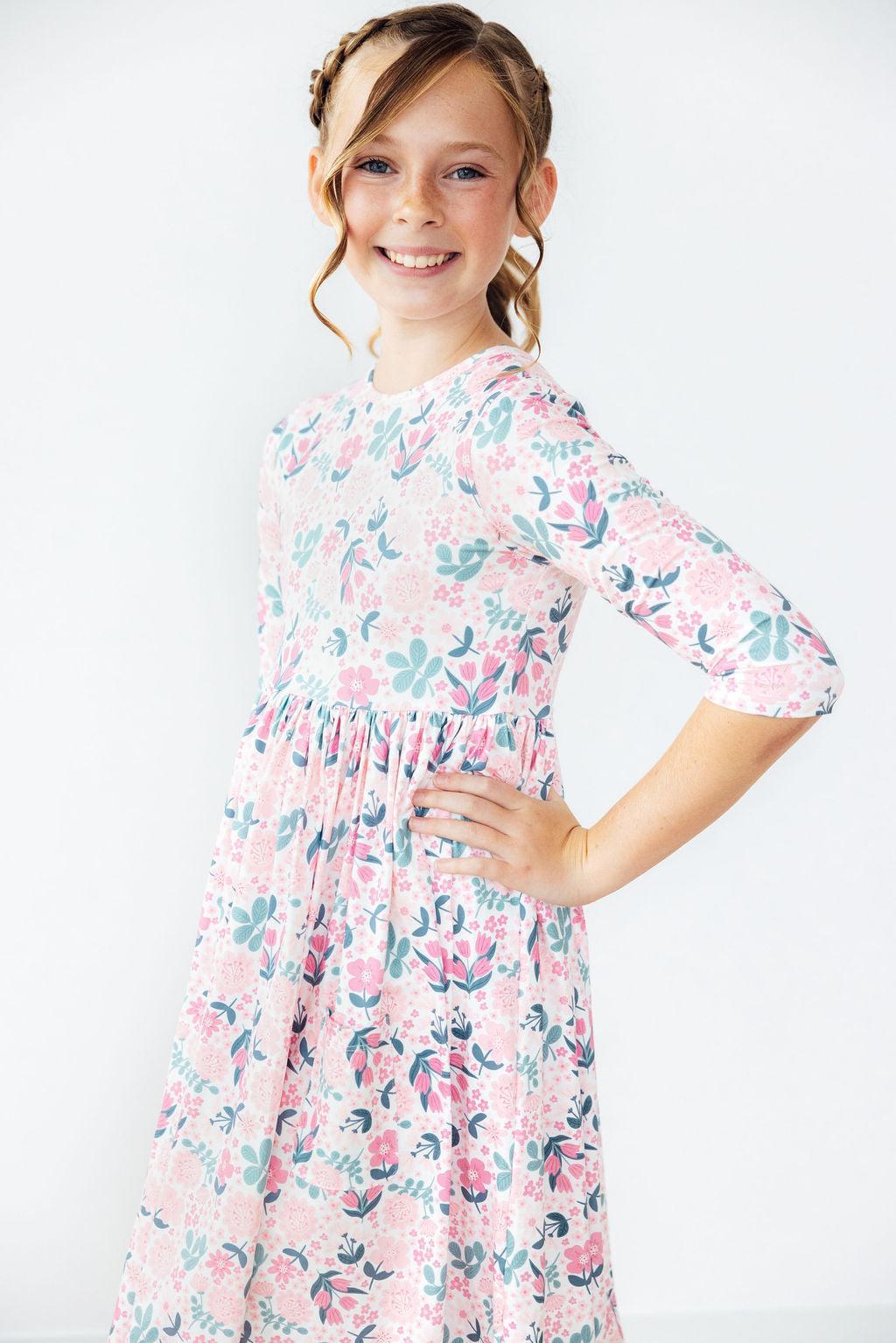 Softly Blooming 3/4 Sleeve Pocket Twirl Dress-Twirl Pocket Dress 3/4-Lemons and Limes Boutique