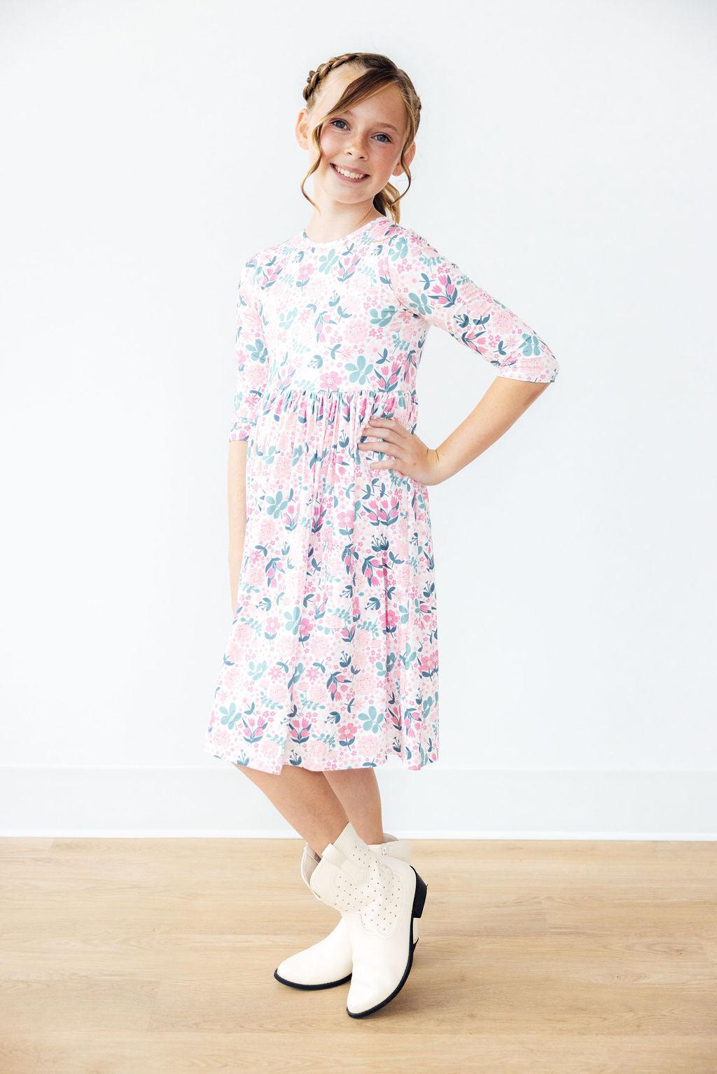 Softly Blooming 3/4 Sleeve Pocket Twirl Dress-Twirl Pocket Dress 3/4-Lemons and Limes Boutique