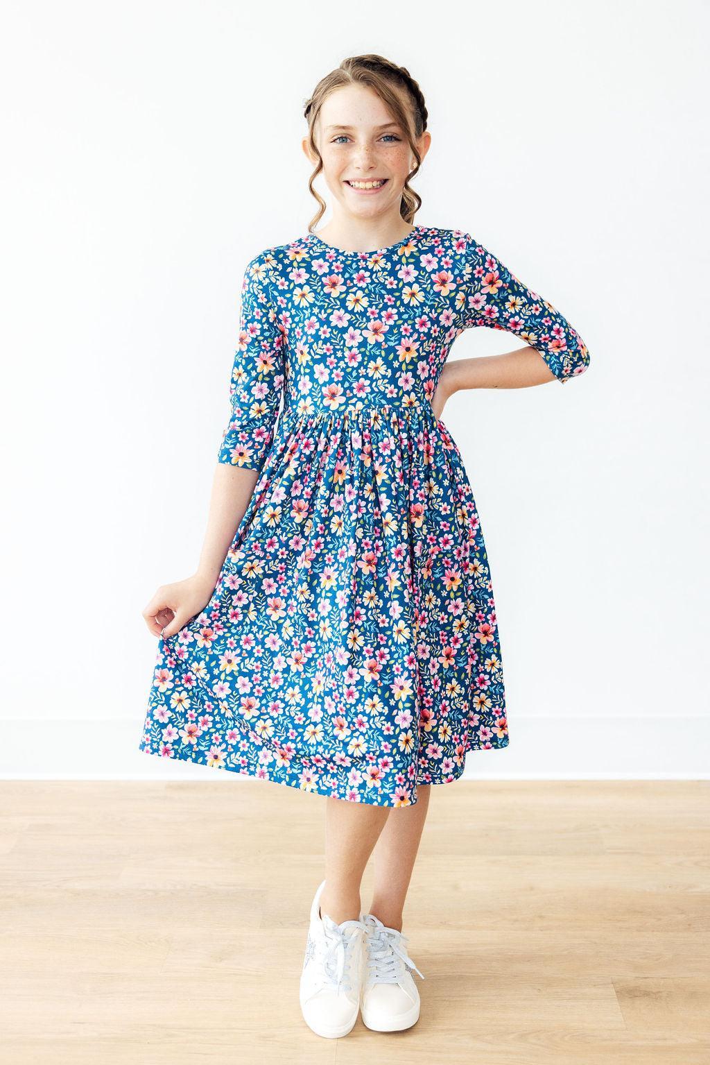 Rainforest Blooms 3/4 Sleeve Pocket Twirl Dress-Twirl Pocket Dress 3/4-Lemons and Limes Boutique