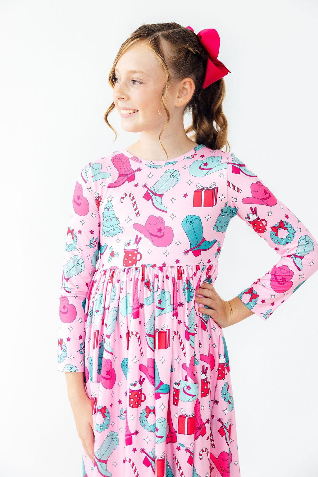 Christmas Cowgirl L/S Pocket Twirl Dress-Twirl Dress - Pocket - L/S-Lemons and Limes Boutique