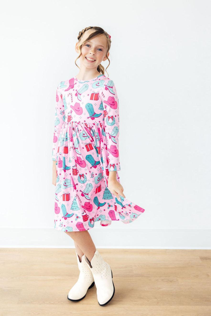 Christmas Cowgirl L/S Pocket Twirl Dress-Twirl Dress - Pocket - L/S-Lemons and Limes Boutique