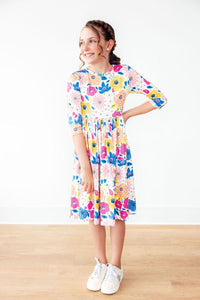 Sunshine Floral 3/4 Sleeve Pocket Twirl Dress-Twirl Pocket Dress 3/4-Lemons and Limes Boutique