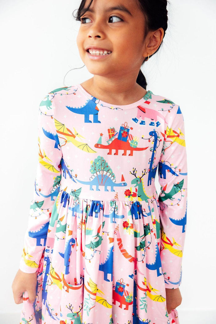 Jingle Saurus L/S Pocket Twirl Dress-Twirl Dress - Pocket - L/S-Lemons and Limes Boutique