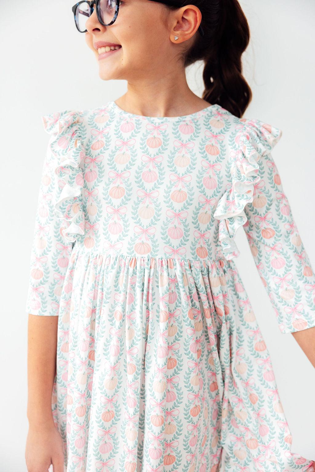 Pumpkin Kisses, Harvest Wishes 3/4 Sleeve Ruffle Twirl Dress-Twirl Ruffle Dress 3/4-Lemons and Limes Boutique