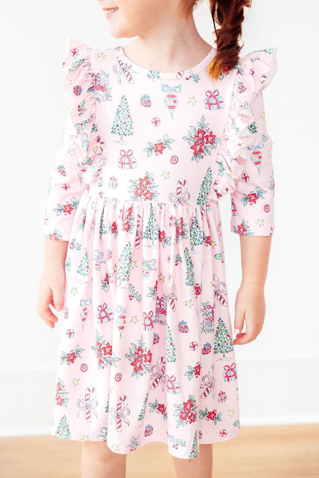 Pink Christmas 3/4 Sleeve Ruffle Twirl Dress-Twirl Ruffle Dress 3/4-Lemons and Limes Boutique