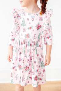 Pink Christmas 3/4 Sleeve Ruffle Twirl Dress-Twirl Ruffle Dress 3/4-Lemons and Limes Boutique