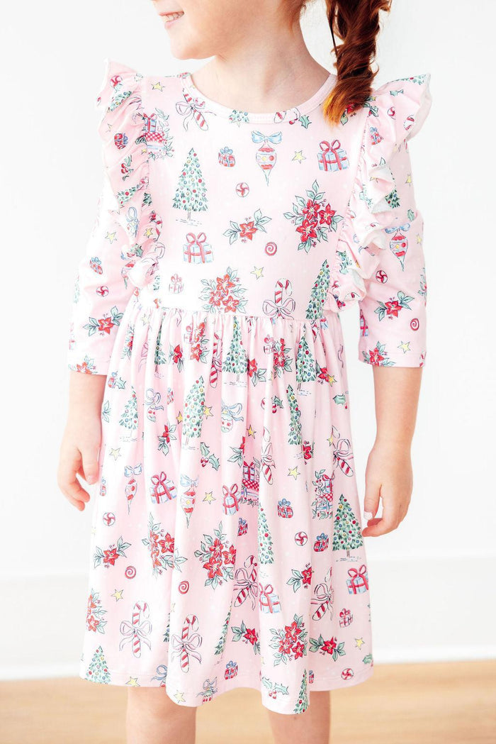 Pink Christmas 3/4 Sleeve Ruffle Twirl Dress-Twirl Ruffle Dress 3/4-Lemons and Limes Boutique