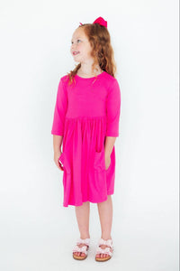 Hot Pink 3/4 Sleeve Pocket Twirl Dress-Twirl Pocket Dress 3/4-Lemons and Limes Boutique