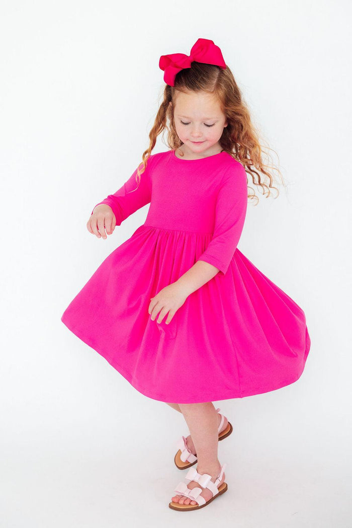 Hot Pink 3/4 Sleeve Pocket Twirl Dress-Twirl Pocket Dress 3/4-Lemons and Limes Boutique
