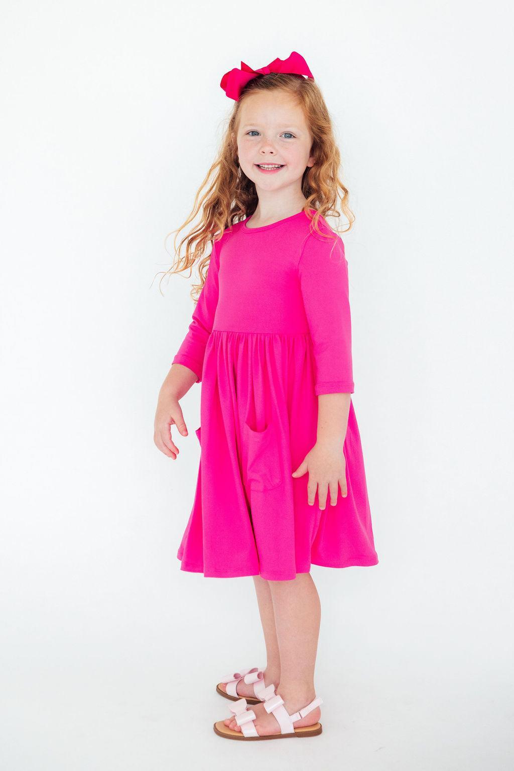Hot Pink 3/4 Sleeve Pocket Twirl Dress-Twirl Pocket Dress 3/4-Lemons and Limes Boutique